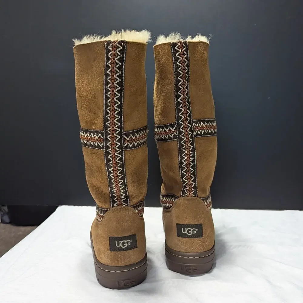 UGG Sundance Revival Shearling Boots Sheepskin Chestnut Tan Womens 7 Winter Cozy